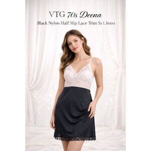 VTG 70s Deena Black Nylon Half Slip Lace Trim Sz L Retro Minimalist USA Made